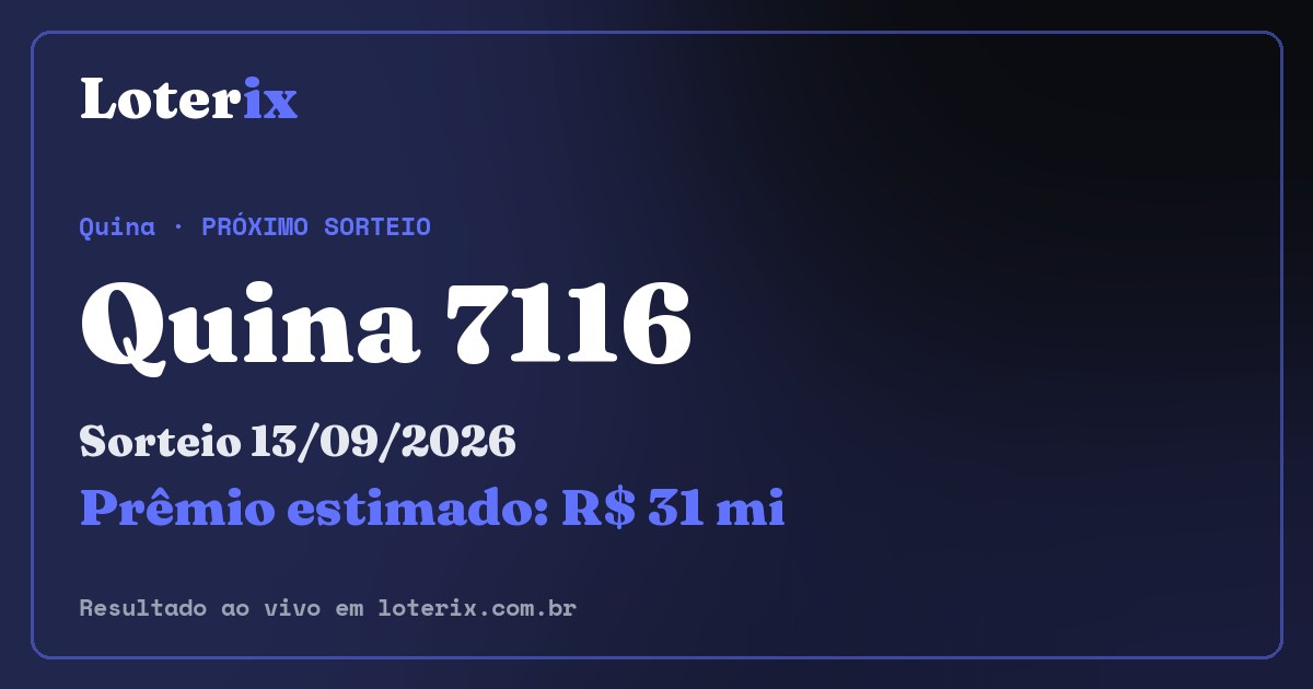Resultado da Quina 7116: sorteio 13/09/2026, prêmio estimado R$ 31 mi. Confira as dezenas ao vivo no Loterix.
