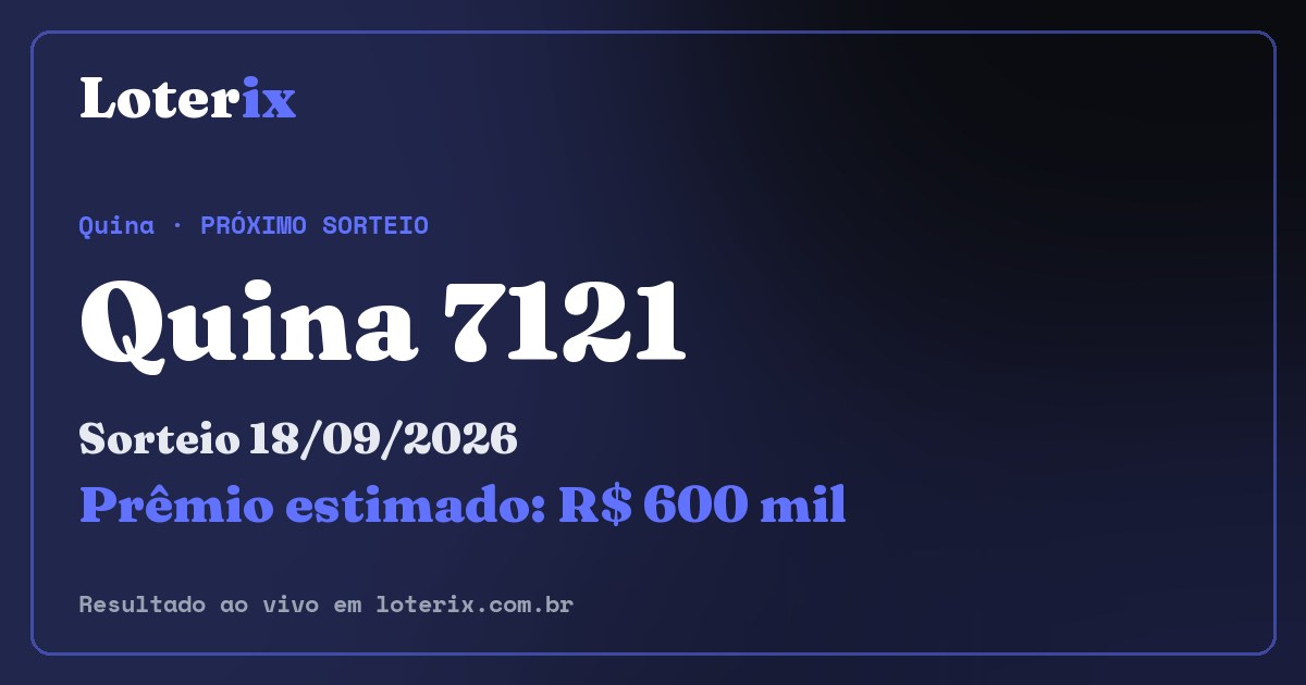 Resultado da Quina 7121: sorteio 18/09/2026, prêmio estimado R$ 600 mil. Confira as dezenas ao vivo no Loterix.