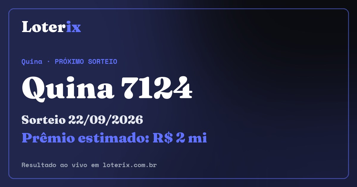 Resultado da Quina 7124: sorteio 22/09/2026, prêmio estimado R$ 2 mi. Confira as dezenas ao vivo no Loterix.
