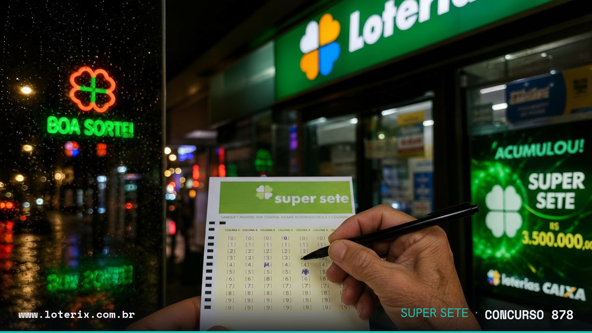 Resultado da Super Sete 878: sorteio 27/07/2026, prêmio estimado R$ 4,1 mi. Confira as dezenas ao vivo no Loterix.