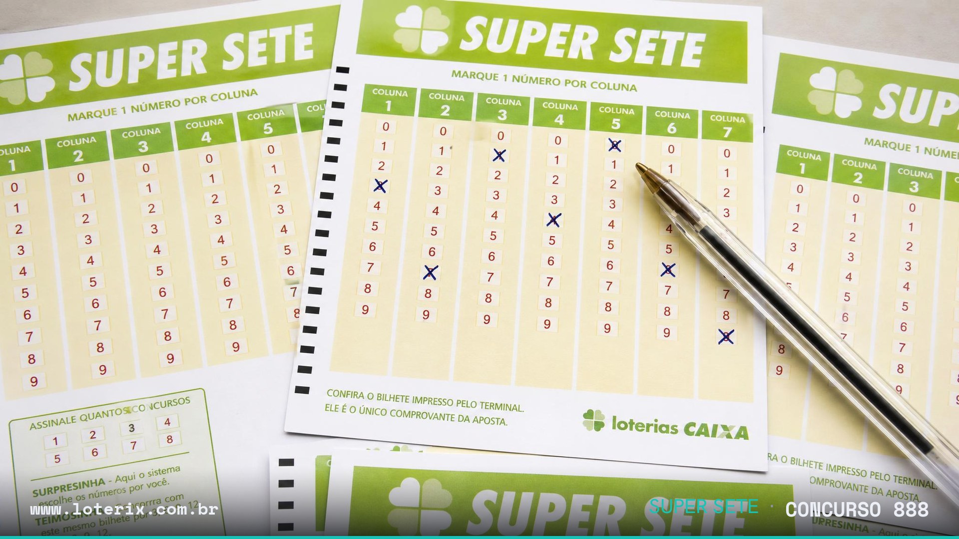 Dezenas sorteadas da Super Sete 888: 01, 04, 01, 05, 07, 05, 00