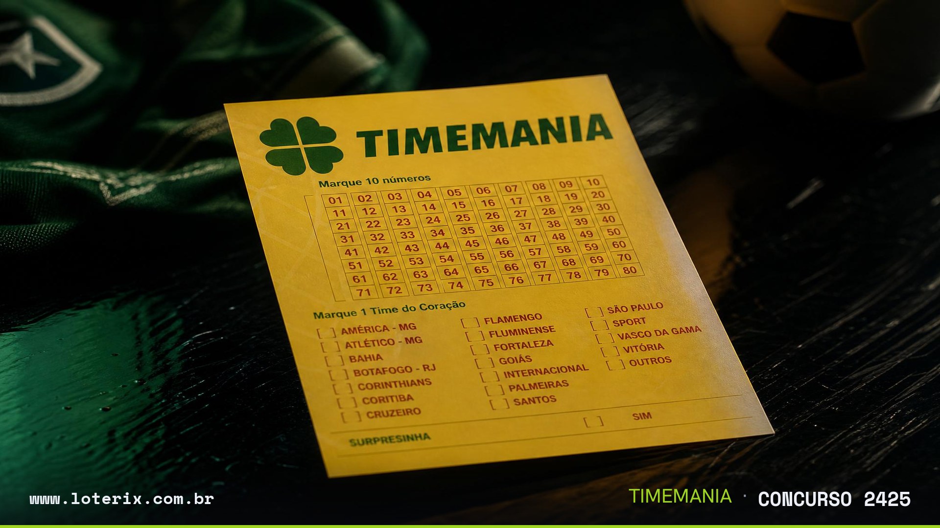 Dezenas sorteadas da Timemania 2425: 08, 22, 41, 52, 60, 62, 67