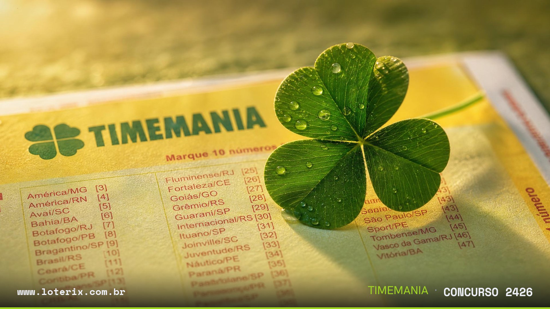 Dezenas sorteadas da Timemania 2426: 09, 16, 24, 25, 44, 59, 73