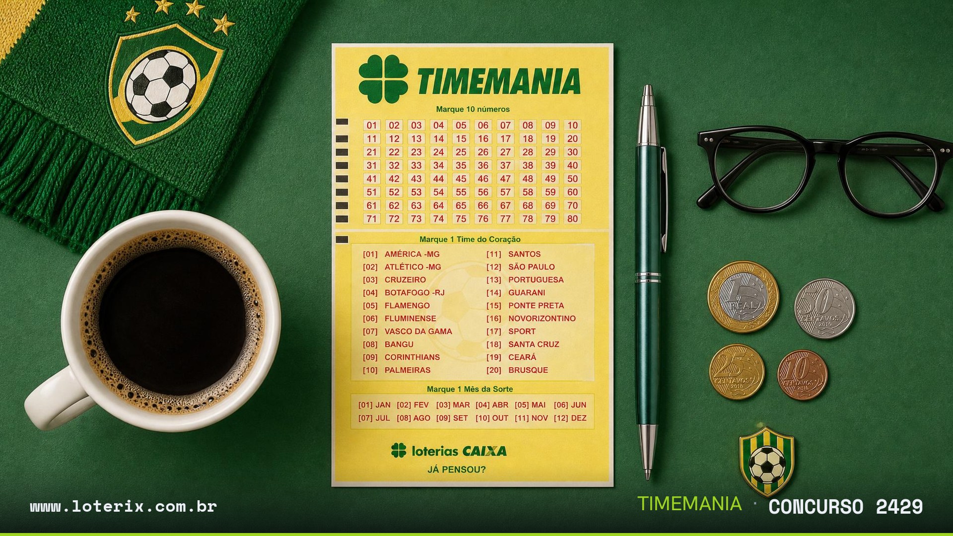 Dezenas sorteadas da Timemania 2429: 09, 18, 23, 42, 47, 64, 75