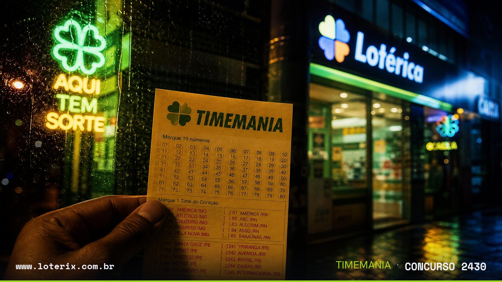 Dezenas sorteadas da Timemania 2430: 21, 34, 35, 38, 48, 50, 64