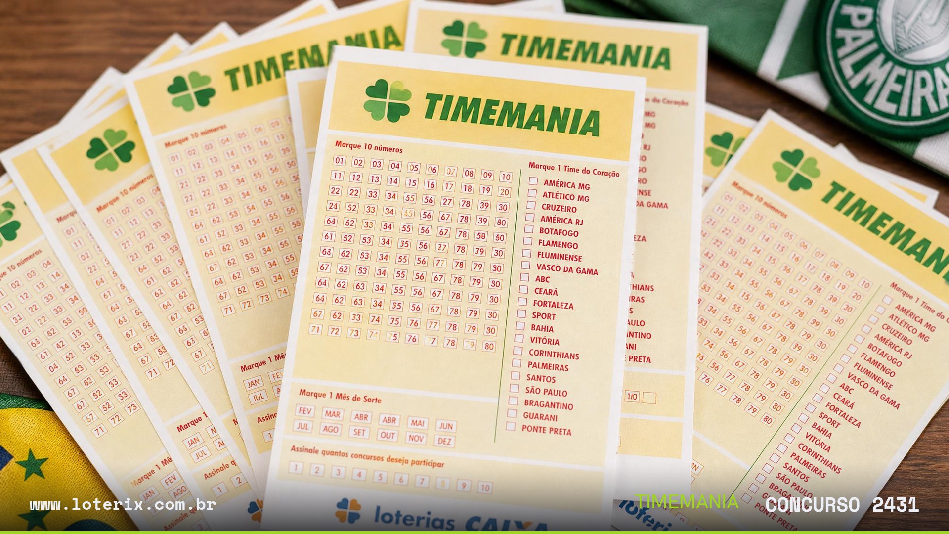 Dezenas sorteadas da Timemania 2431: 18, 22, 55, 58, 63, 65, 72