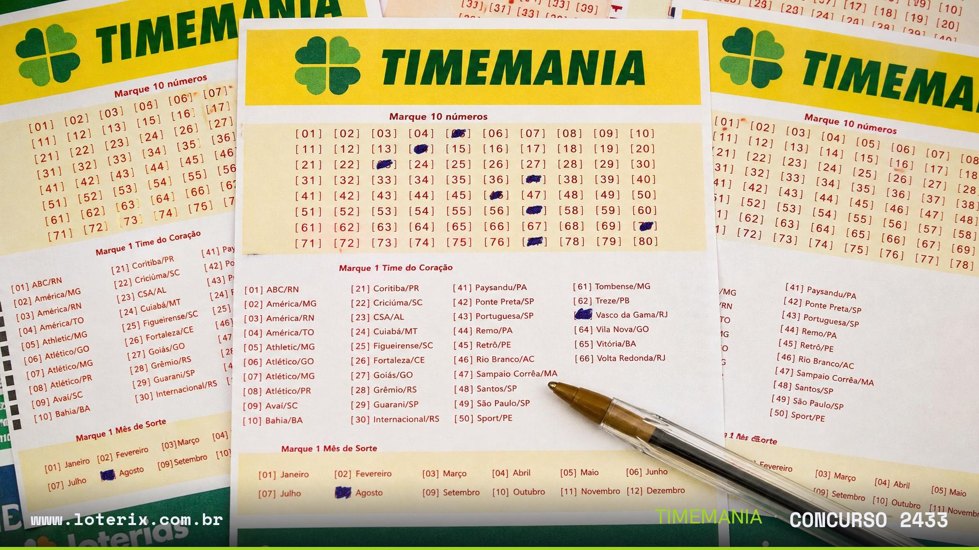 Dezenas sorteadas da Timemania 2433: 06, 12, 25, 28, 29, 49, 80