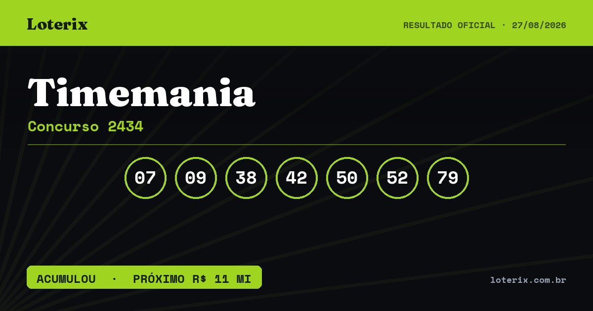 Dezenas sorteadas da Timemania 2434: 07, 09, 38, 42, 50, 52, 79