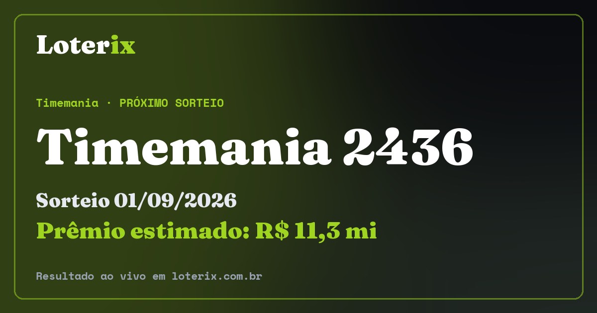 Resultado da Timemania 2436: sorteio 01/09/2026, prêmio estimado R$ 11,3 mi. Confira as dezenas ao vivo no Loterix.