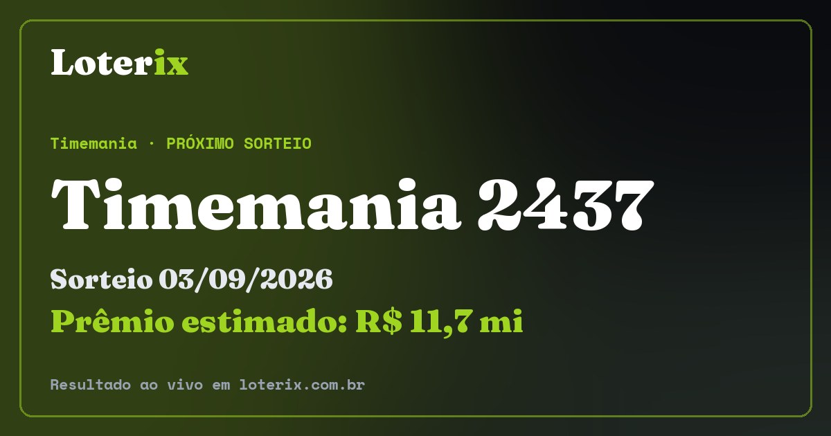 Resultado da Timemania 2437: sorteio 03/09/2026, prêmio estimado R$ 11,7 mi. Confira as dezenas ao vivo no Loterix.