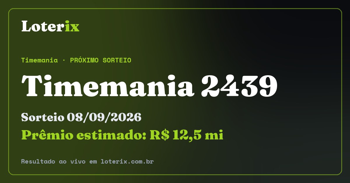 Resultado da Timemania 2439: sorteio 08/09/2026, prêmio estimado R$ 12,5 mi. Confira as dezenas ao vivo no Loterix.