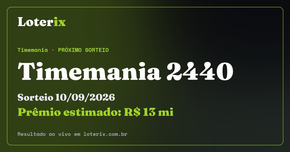 Resultado da Timemania 2440: sorteio 10/09/2026, prêmio estimado R$ 13 mi. Confira as dezenas ao vivo no Loterix.
