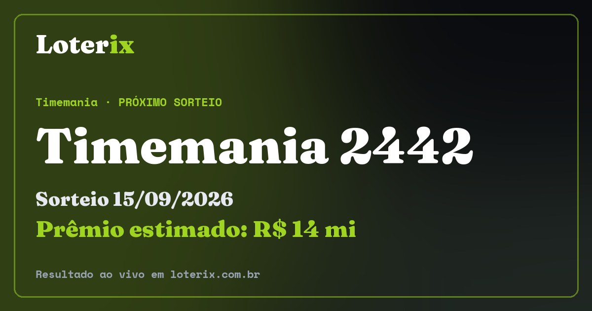Resultado da Timemania 2442: sorteio 15/09/2026, prêmio estimado R$ 14 mi. Confira as dezenas ao vivo no Loterix.