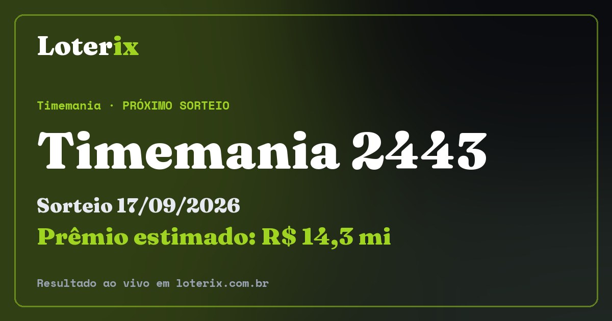 Resultado da Timemania 2443: sorteio 17/09/2026, prêmio estimado R$ 14,3 mi. Confira as dezenas ao vivo no Loterix.