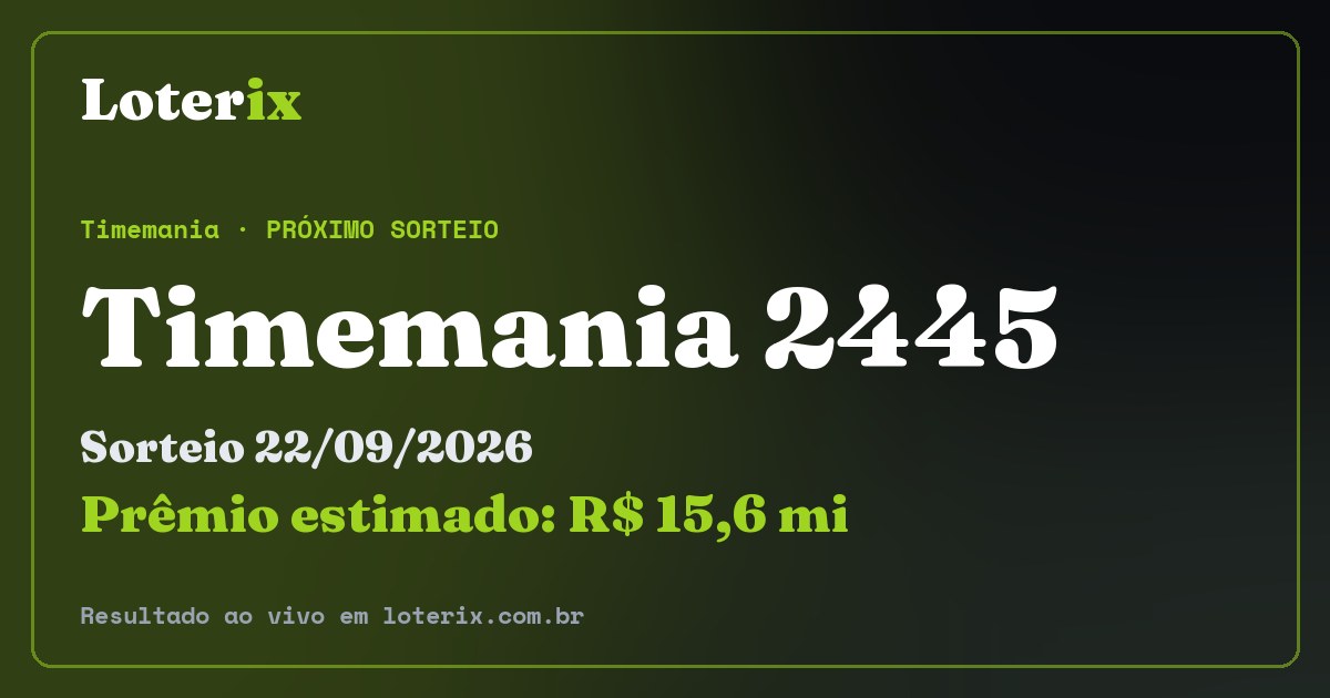 Resultado da Timemania 2445: sorteio 22/09/2026, prêmio estimado R$ 15,6 mi. Confira as dezenas ao vivo no Loterix.